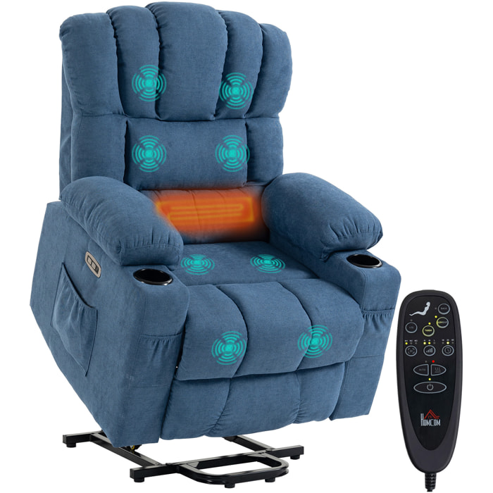 Sillón Relax Reclinable Eléctrico Levanta Personas Mayores con 8 Puntos Masaje Vibratorio y Calor, Sillón Elevador, Asiento Ancho, USB-C, USB-A, Bolsillos, Portavasos, Reposapiés, de Rizo Azul