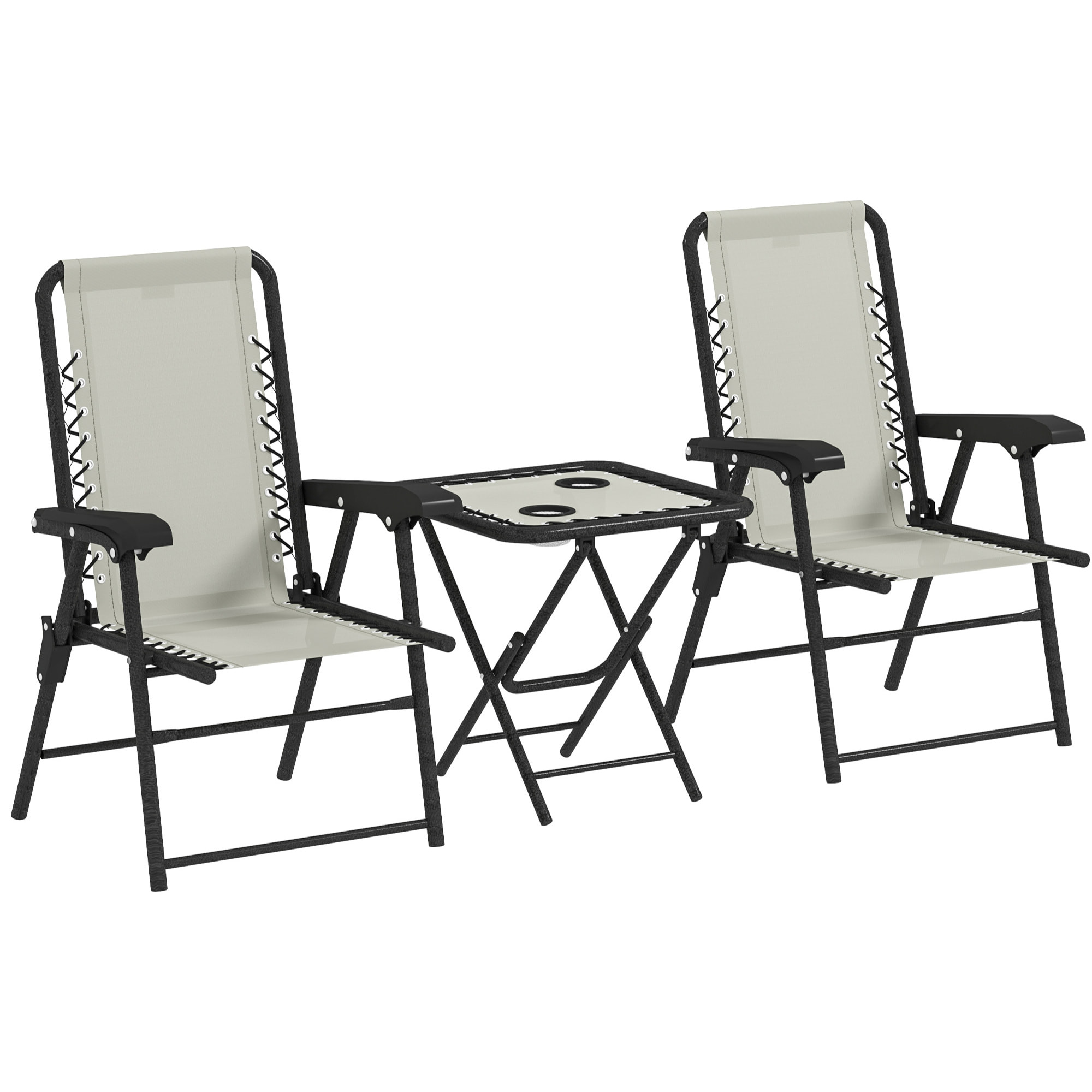 Conjunto de Mesa y Sillas de Terraza Exterior de 3 Piezas Muebles de Jardín Exterior Plegables con Estructura de Acero y Portavasos para Patio Crema