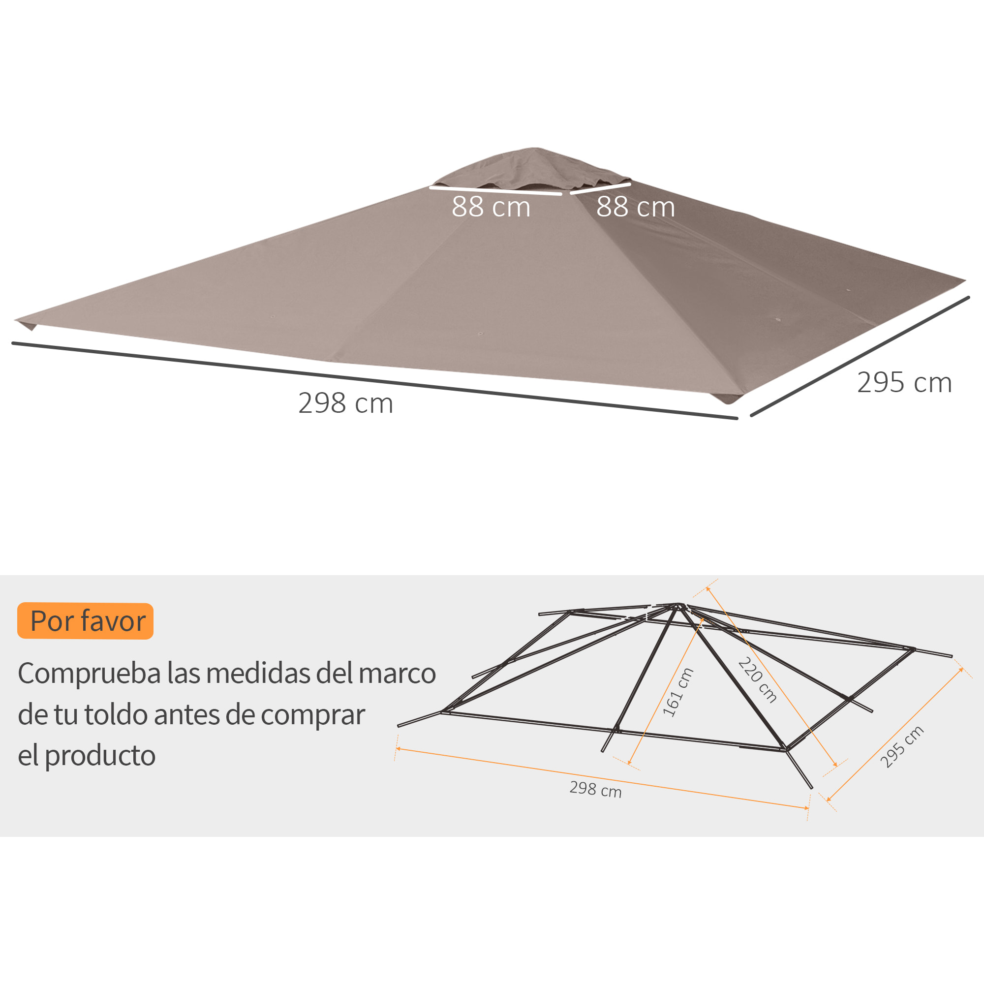 Techo de Repuesto 3x3m para Cenador de Jardín con 8 Orificios de Drenaje Beige