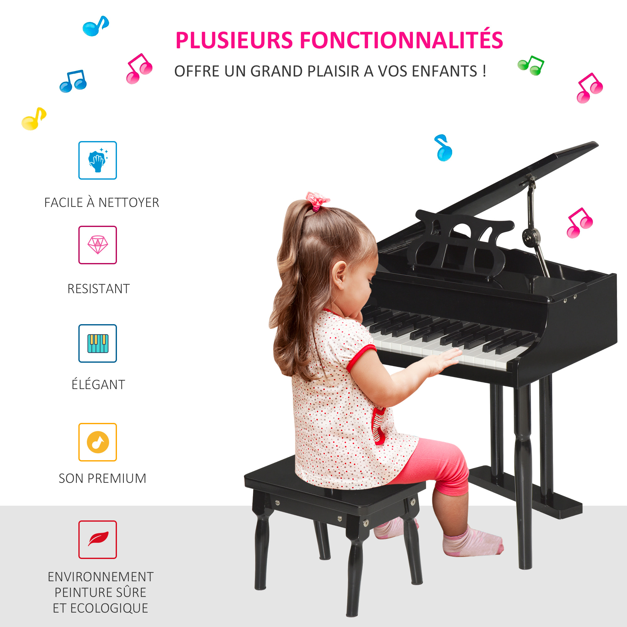Piano à queue électronique 37 touches multifonctions avec micro haut parleur rose