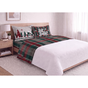 Completo Lenzuola in 100% Cotone Made In Italy Fantasia Tartan Verde Disegno Snow