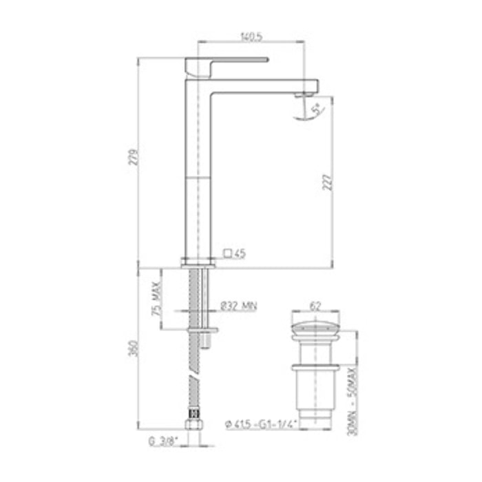 PAINI Mitigeur lavabo haut Dax Slim PVD Grey Acier