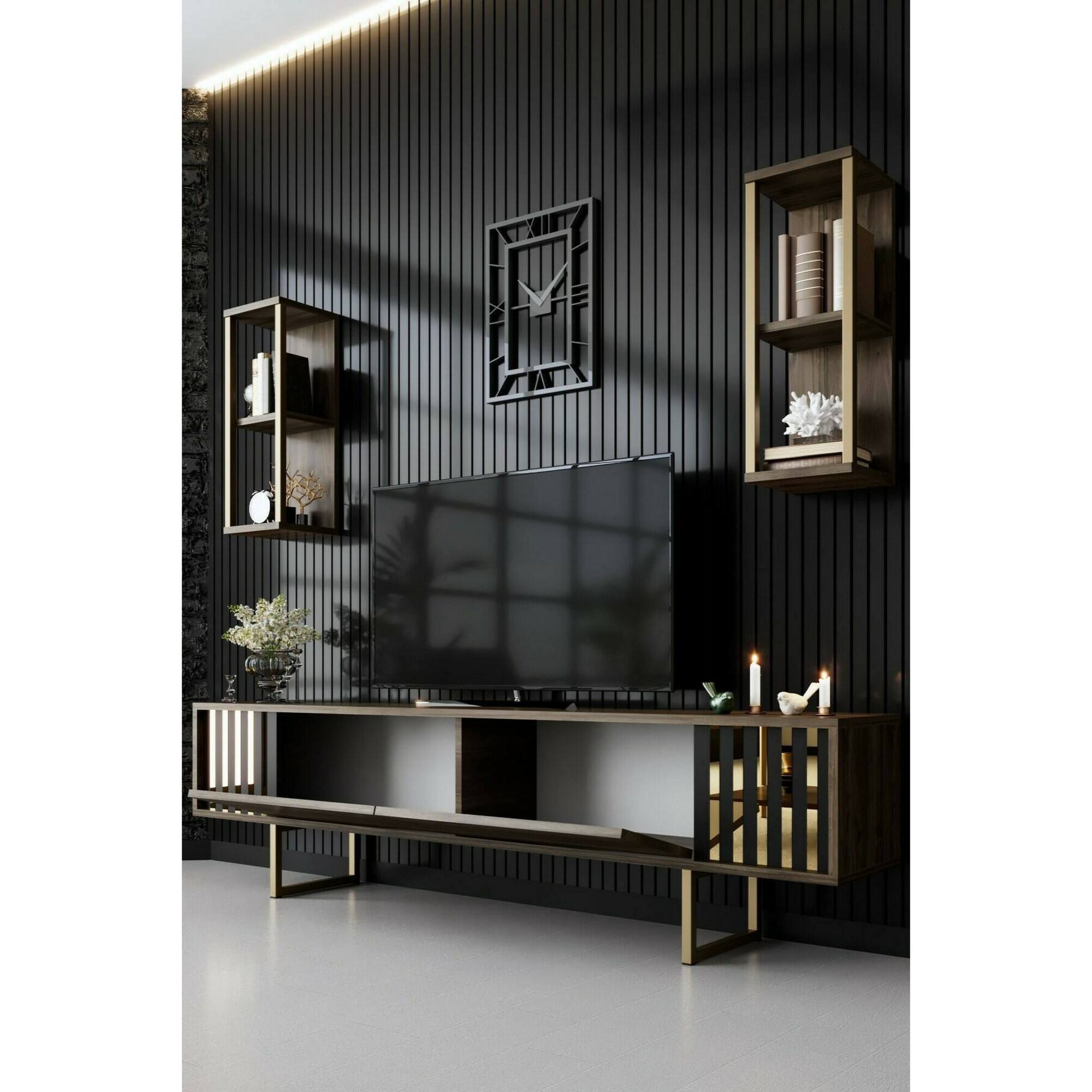 Mobile porta TV Dliveran, Credenza da soggiorno, Armadio basso per TV, Base parete attrezzata, 180x30h48 cm, Noce e Nero