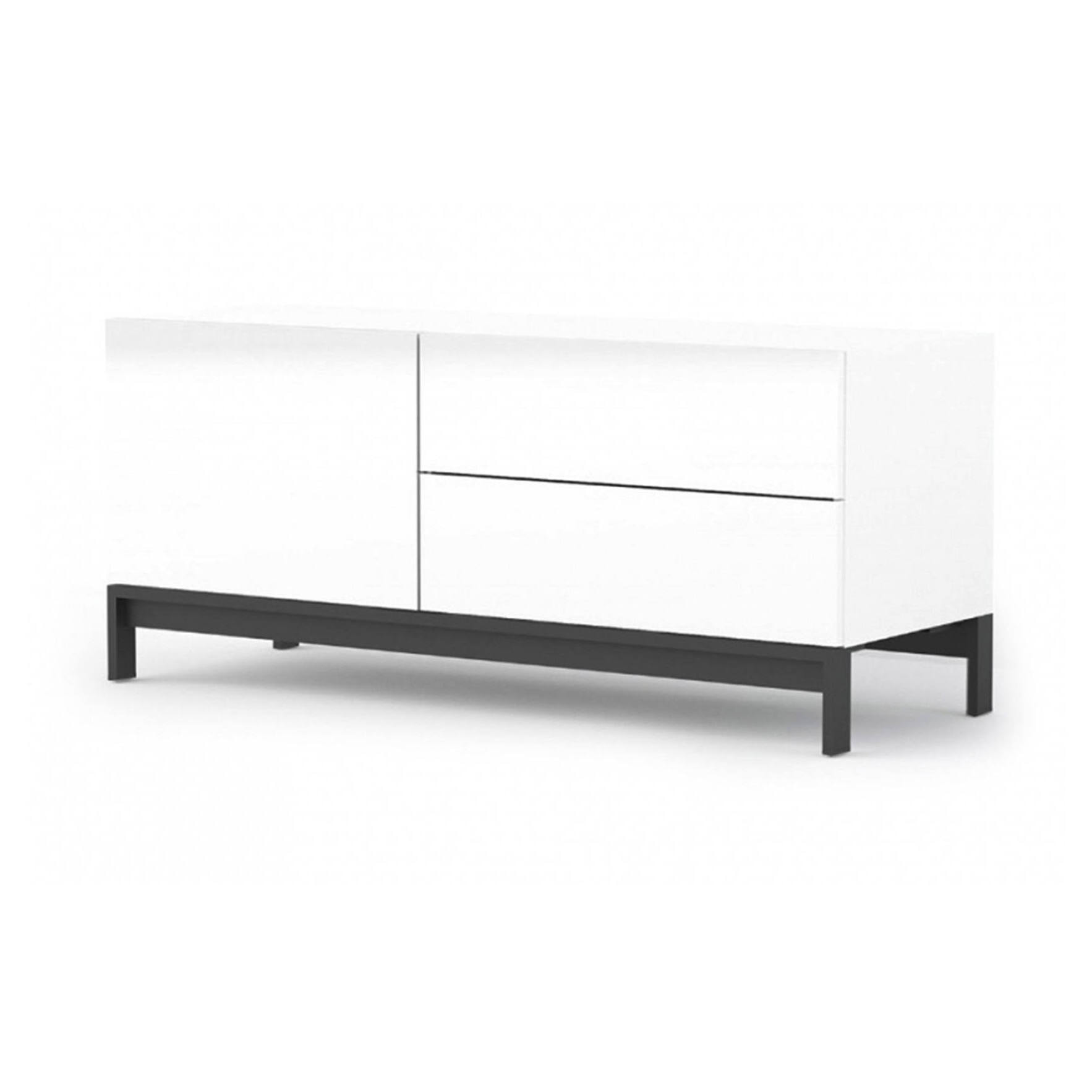 Mobile da soggiorno Porta TV, Made in Italy, Supporto per TV da salotto rialzato, 1 anta e cassetti, cm 110x40h47, colore Bianco lucido