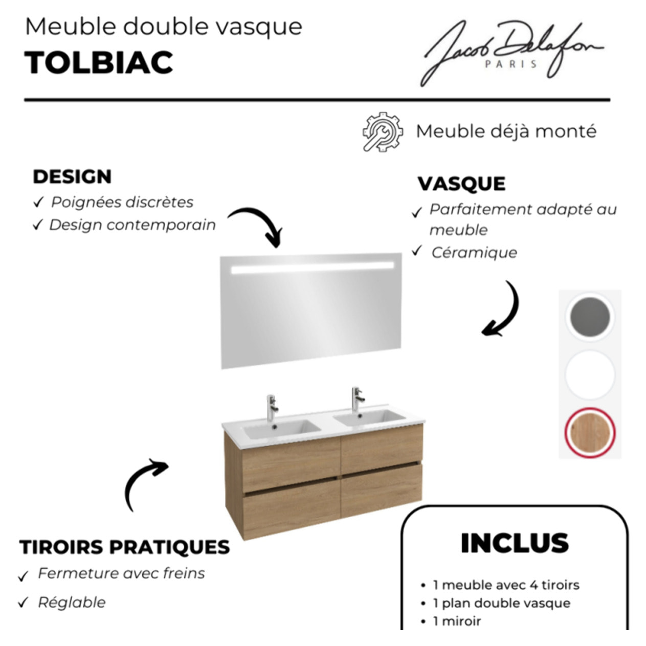 Meuble double vasque 120 cm Tolbiac chêne + miroir led