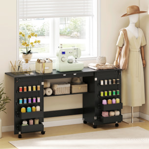 Table de couture pliable sur roulettes - 4 bacs, 20 porte-bobines, étagère - noir