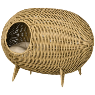 Panier pour chat en résine tressée imitation rotin grand confort dim. 55L x 36l x 42H cm coussin moelleux beige inclus