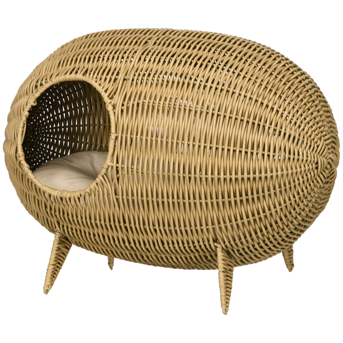 Panier pour chat en résine tressée imitation rotin grand confort dim. 55L x 36l x 42H cm coussin moelleux beige inclus