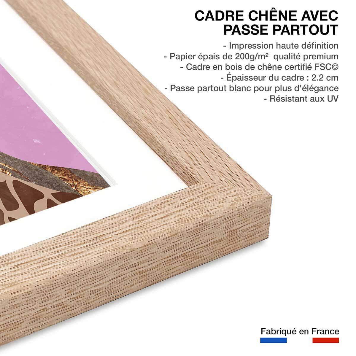 Affiche enfant girafe rose Affiche + cadre en bois - Chêne