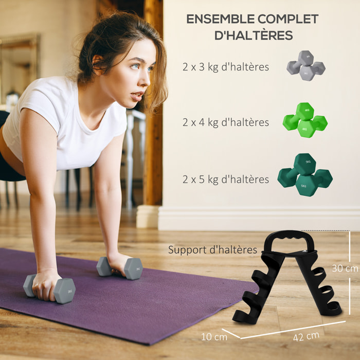 Support noir pour 6 haltères vinyles - 6 haltères incluses total 24 Kg - noir gris vert