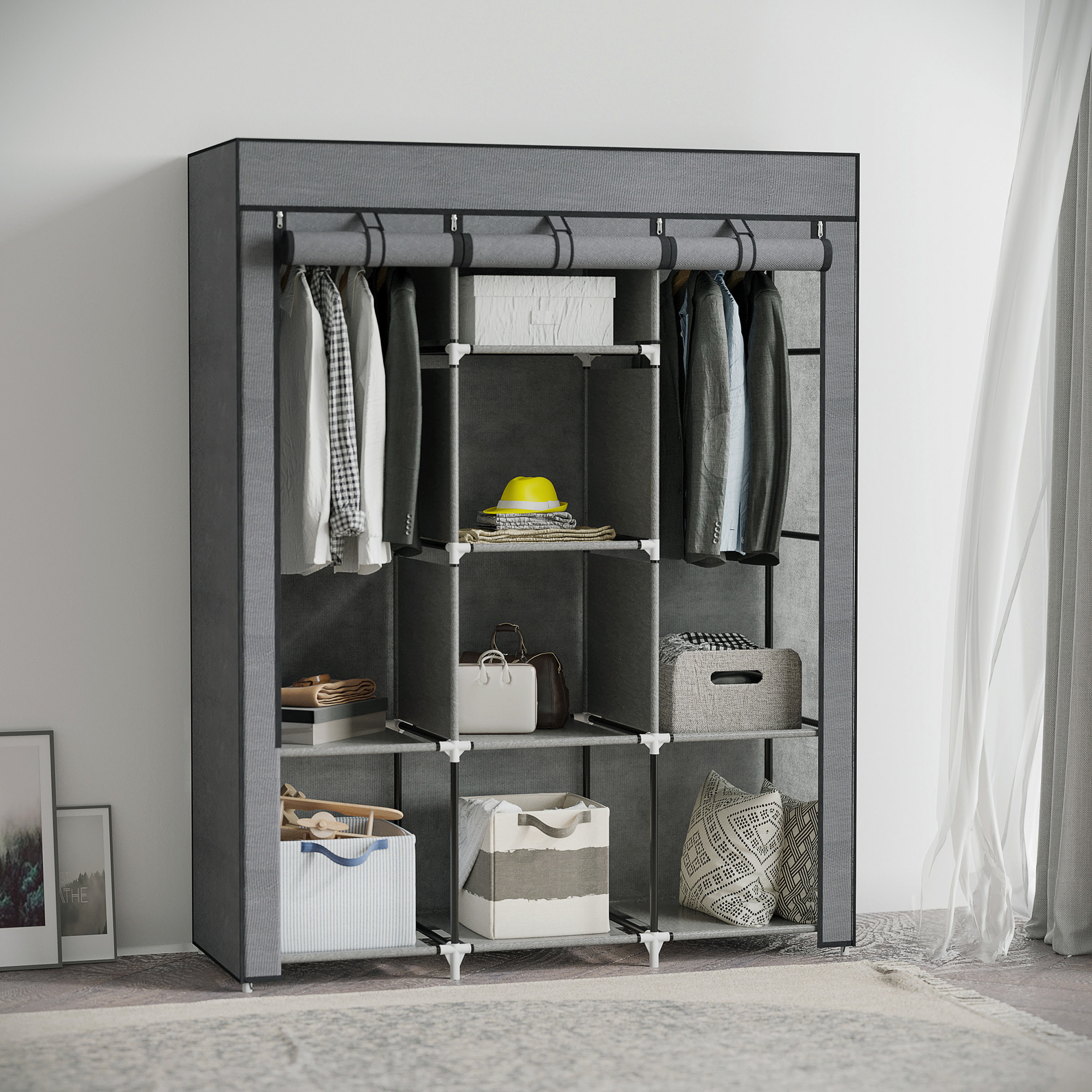 Armario de Tela Plegable, Armario Portátil con 2 Barras para Colgar, 8 Estantes, Marco de Acero, para Dormitorio, Vestidor, 125x43x162,5 cm, Gris Oscuro