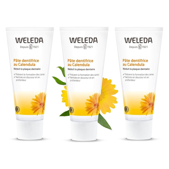 WELEDA - Trio Pâte dentifrice au Calendula - Protège et renforce les gencives -  Vegan* - Certifié Natrue** - Tube 75 ml  x 3