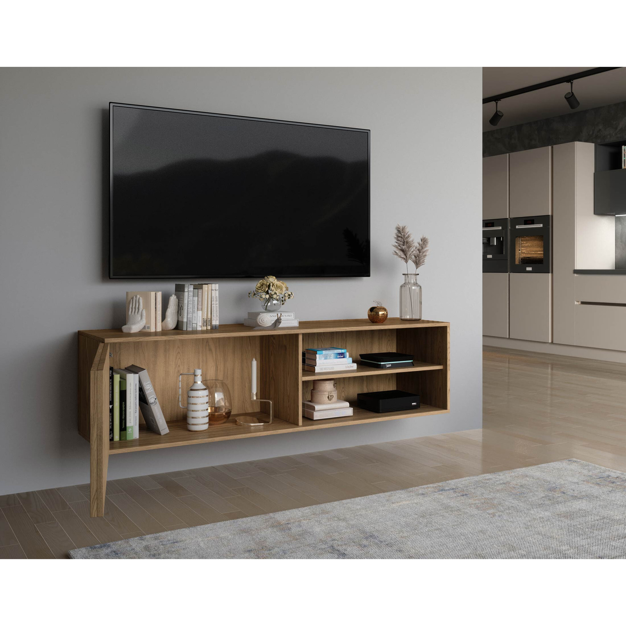 Portmore - meuble TV suspendu - effet bois - 2 niches et 1 porte - 150 cm - Bois