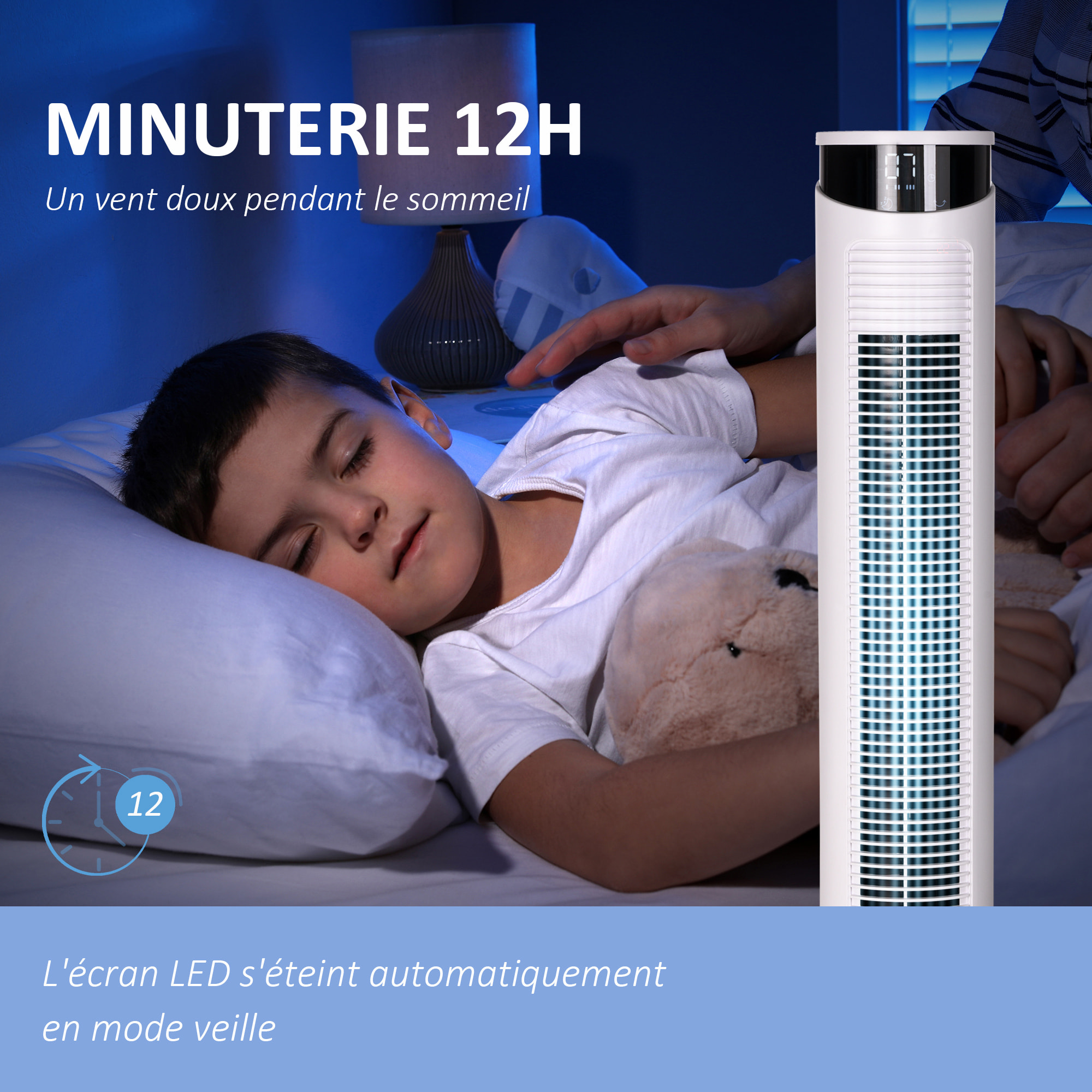 Ventilateur colonne oscillant 50W - télécommande, 3 modes, 3 vitesses, écran LED, timer - blanc