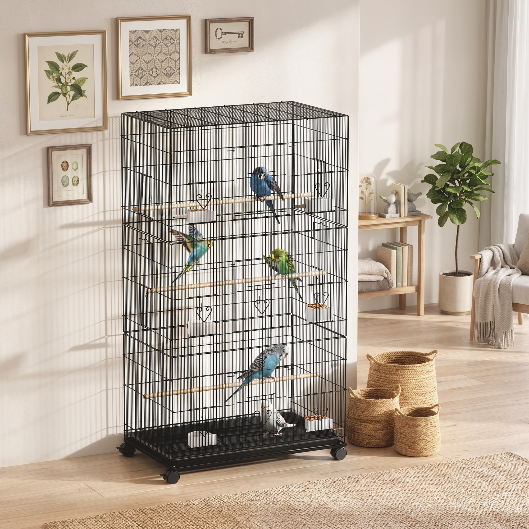 Cage à oiseaux - volière mobile - 3 portes, 10 trappes, mangeoires, perchoirs - noir