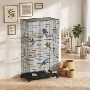 Cage à oiseaux - volière mobile - 3 portes, 10 trappes, mangeoires, perchoirs - noir