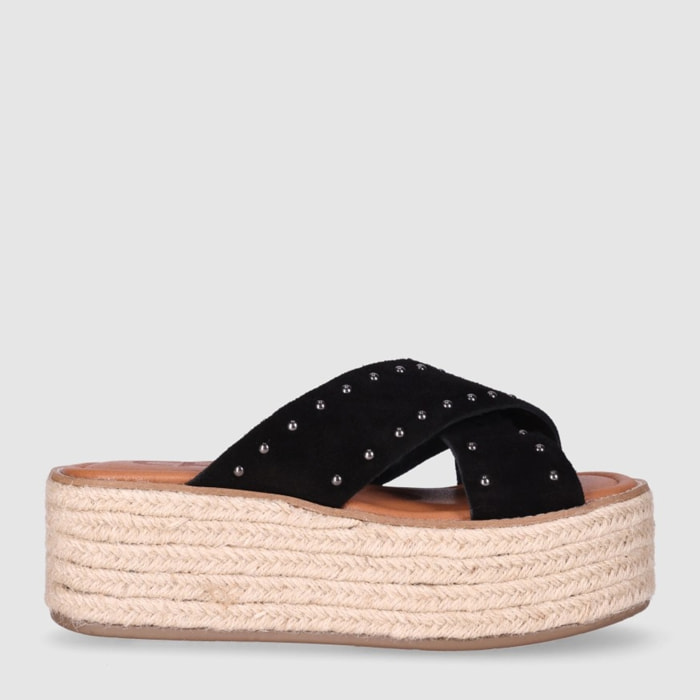 Sandalias de Serraje - Negro - Tacón: 6 cm