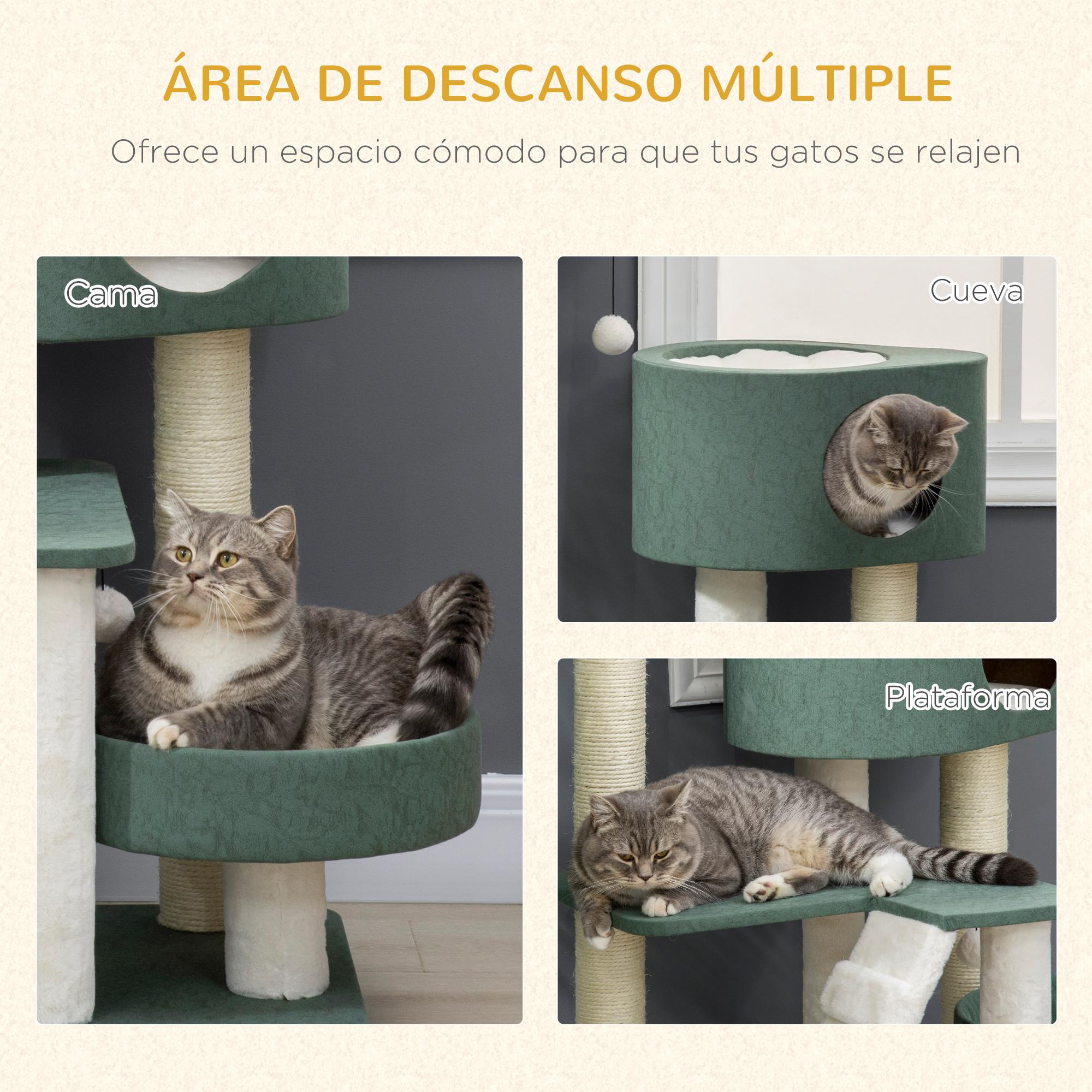 Árbol Rascador para Gatos Altura 114cm con 2 Camas Cueva Hamaca Plataforma Bolas