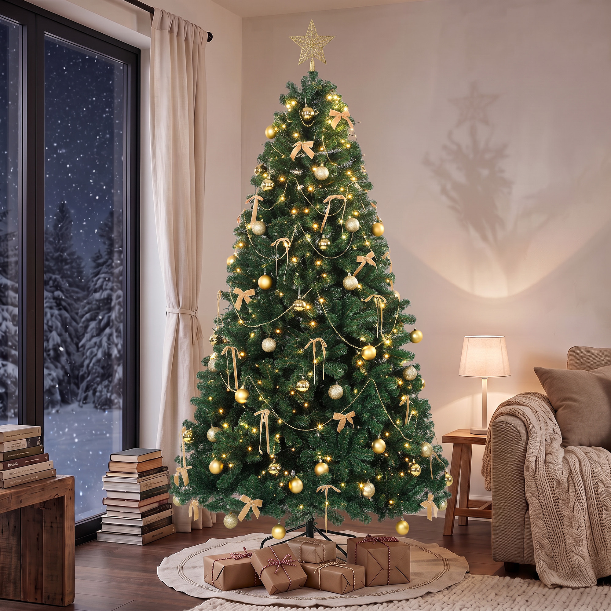 Árbol de Navidad con 296 LED Blanco Cálido, 230 cm, Árbol de Navidad Decorativo, 1405 Ramas Ignífugas, Estrella, 42 Bolas, 30 Lazos y Decoración Dorada, Verde