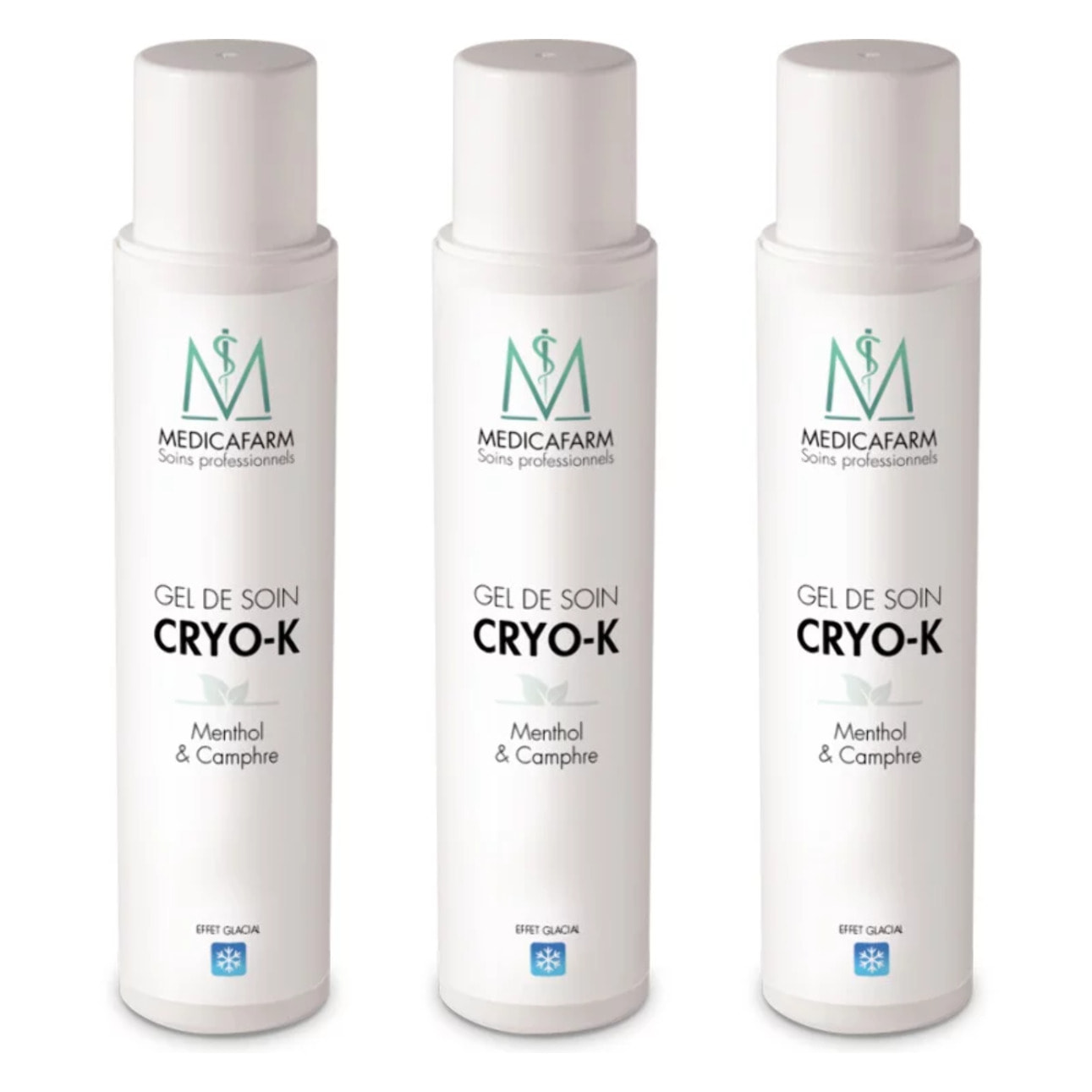 MEDICAFARM - Gel de soin CRYO-K - Gel effet "glacial" au Menthol & Camphre - Aide à soulager les douleurs musculaires et articulaires - Confort circulatoire - Lot de 3 flacons de 250ml