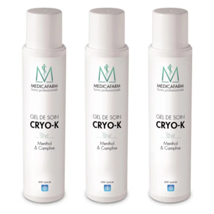 MEDICAFARM - Gel de soin CRYO-K - Gel effet "glacial" au Menthol & Camphre - Aide à soulager les douleurs musculaires et articulaires - Confort circulatoire - Lot de 3 flacons de 250ml