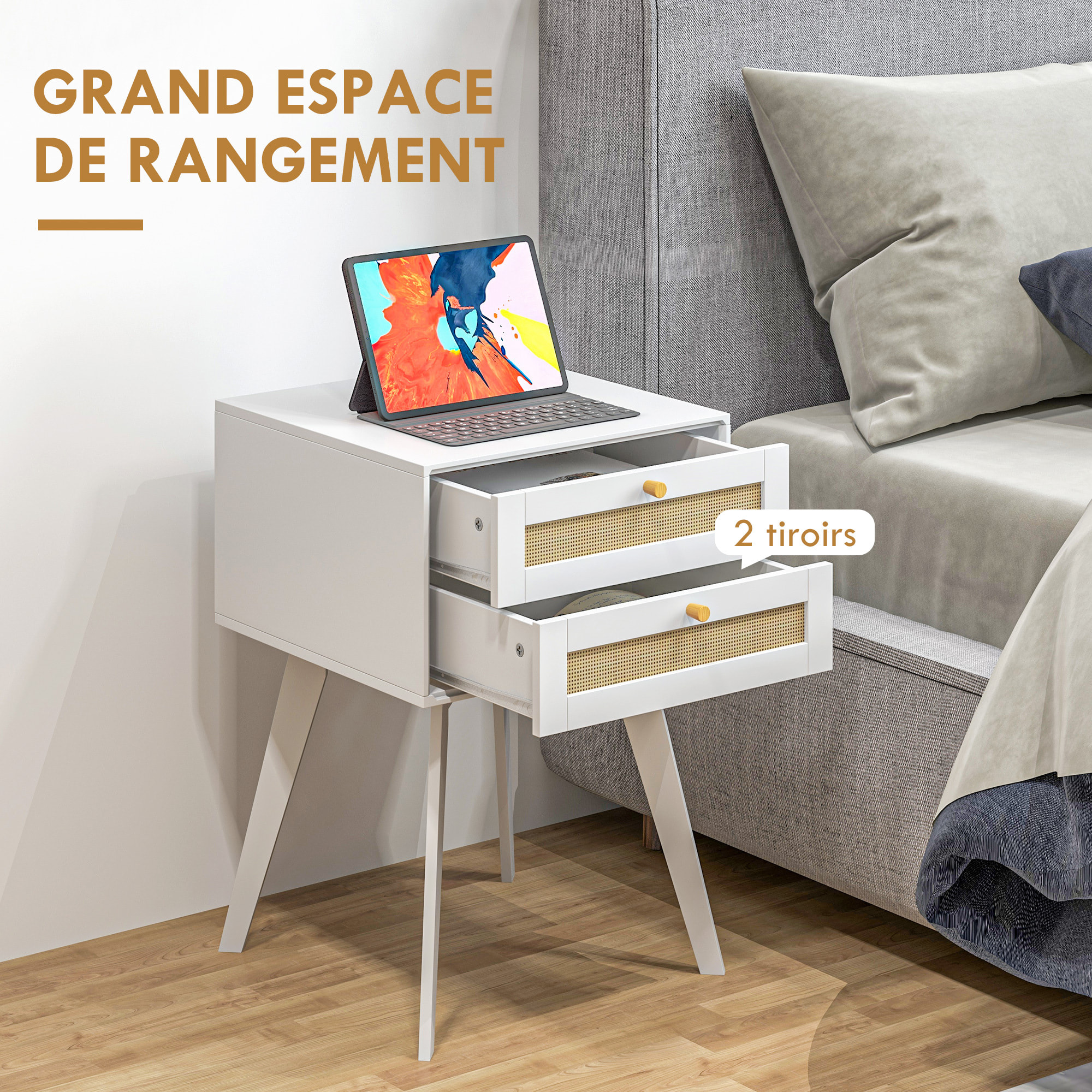 Lot de 2 chevets tables de nuit style bohème chic - 2 tiroirs - MDF blanc cannage en rotin