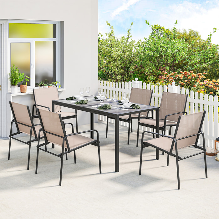 Conjunto de Mesa y Sillas Jardín de 7 Piezas, Muebles de Jardín Exterior con Mesa de Efecto Madera y 6 Sillas con Asiento Transpirable, Marco de Acero Galvanizado, para Terraza, Patio, Caqui