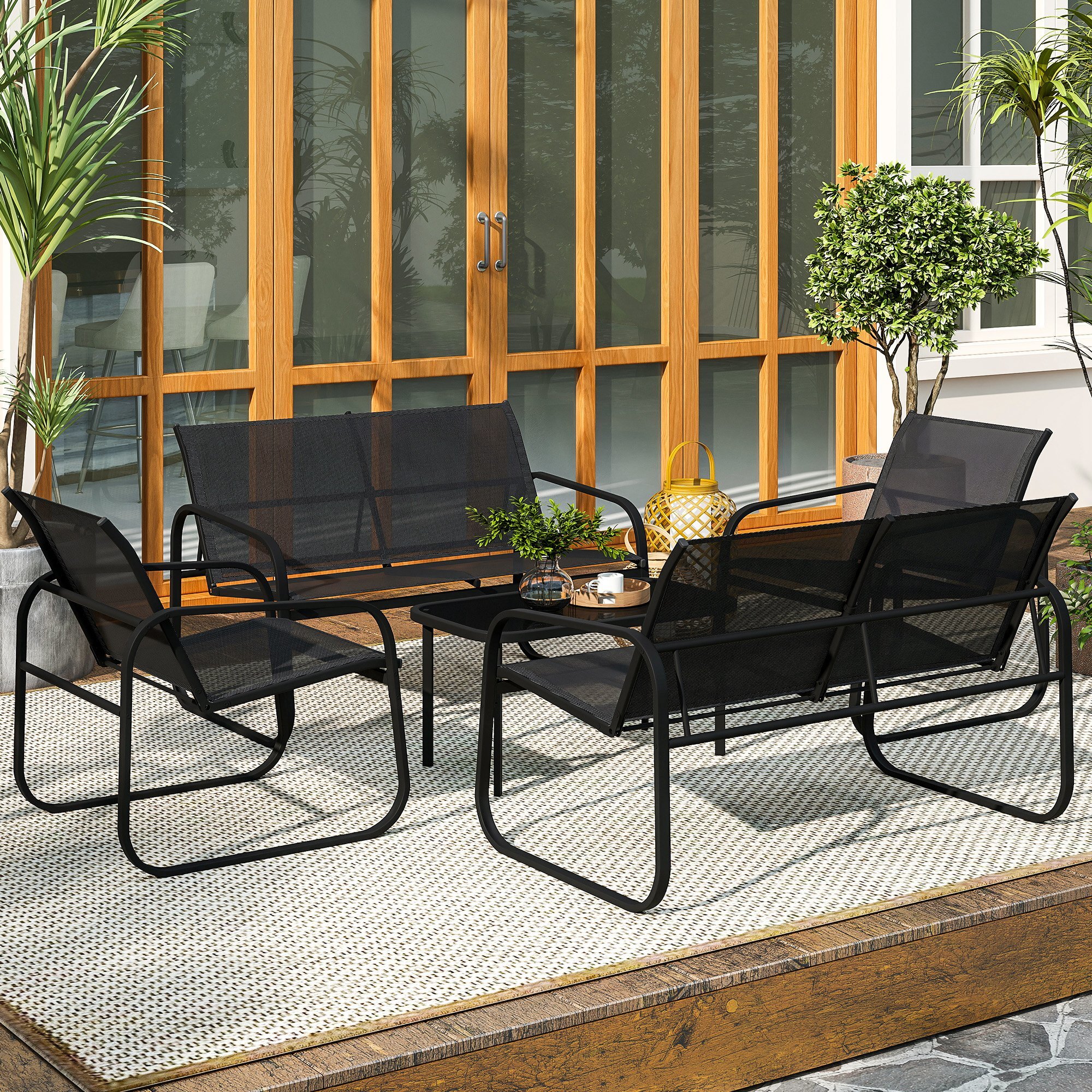 Ensemble salon de jardin relax 6 personnes 5 pièces plateau verre trempé acier textilène noir