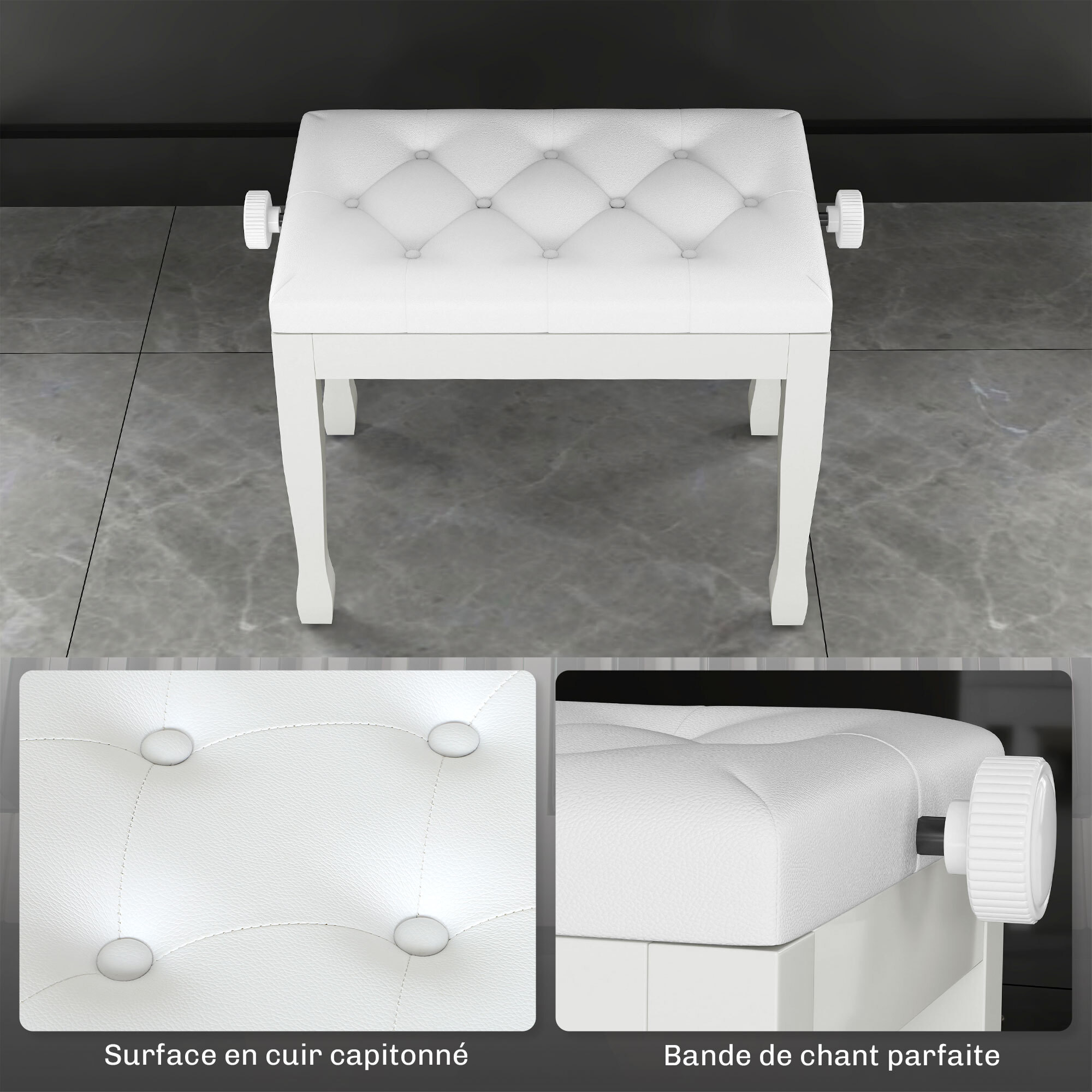 Banquette piano tabouret siege hauteur reglable blanc bois revêtement synthétique