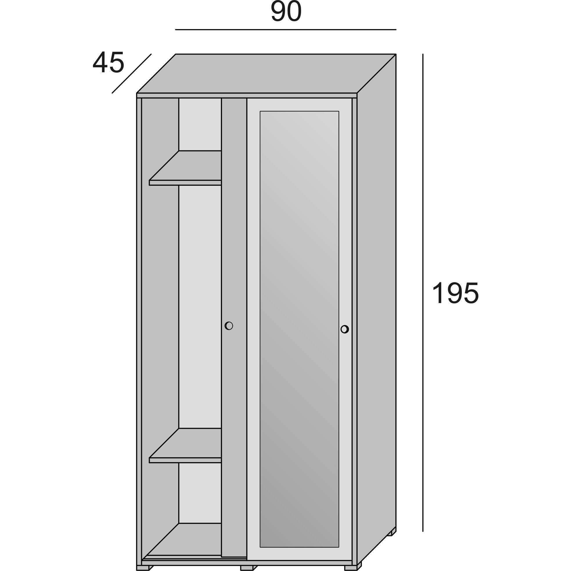 Guardaroba Tulipano, Armadio a 2 ante scorrevoli e specchio, Mobile con barra appendiabiti e ripiani, 100% Made in Italy, Cm 90x45h195, Bianco