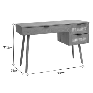Bureau finition bois clair, cannage rotin et métal noir 3 tiroirs L120 cm MANILLE