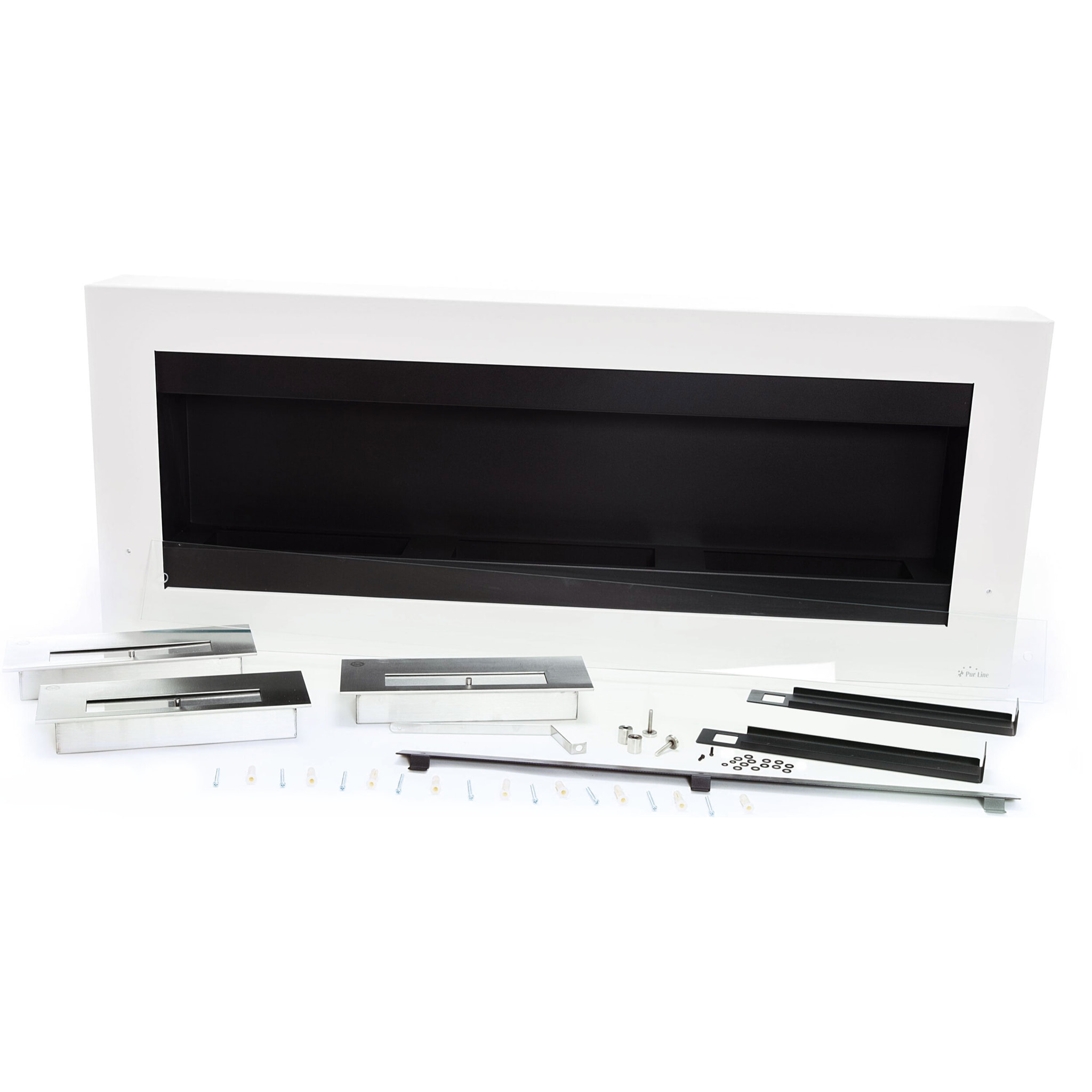 Très grande cheminée murale à l'éthanol en acier et verre trempé