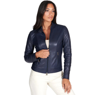 Giacca biker in pelle naturale blu effetto liscio