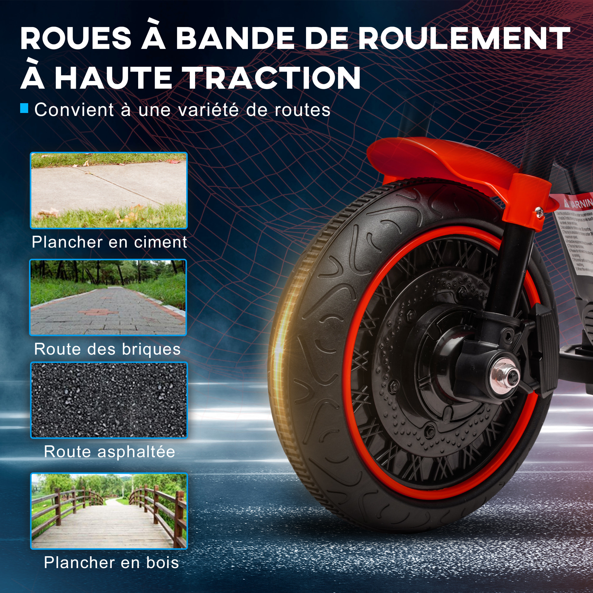 Moto électrique enfant 6 V 3 Km/h effet lumineux roulettes amovibles repose-pied pédale métal PP rouge noir