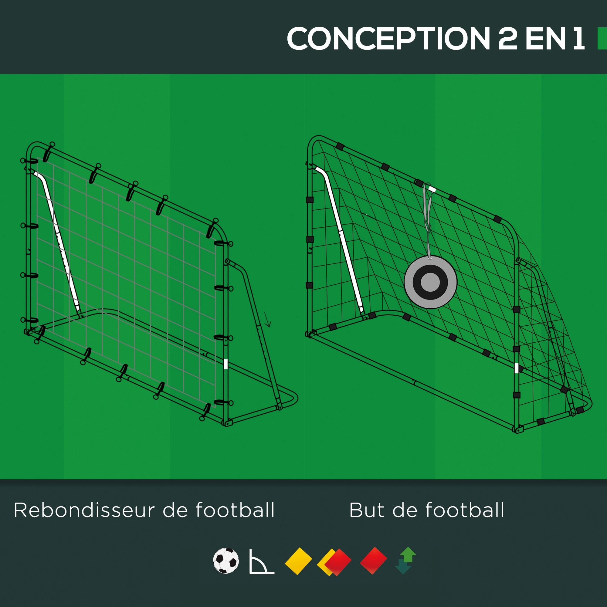 But de football cage de foot but futsal avec cible - dim. 213L x 150l x 100H cm - acier PE noir