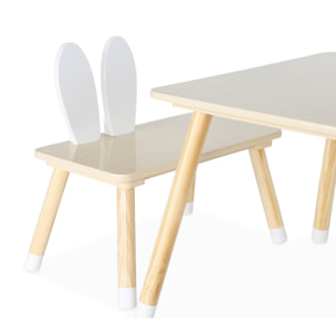 Table enfant + 2 chaises. pieds en pin. couleur blanc et bois