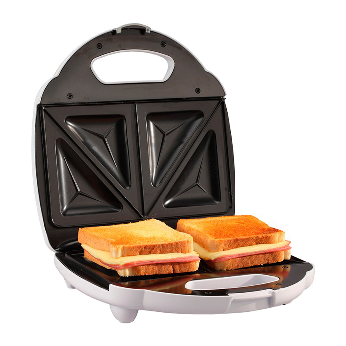 Sandwichera con 750W. Capacidad para dos sándwiches.
