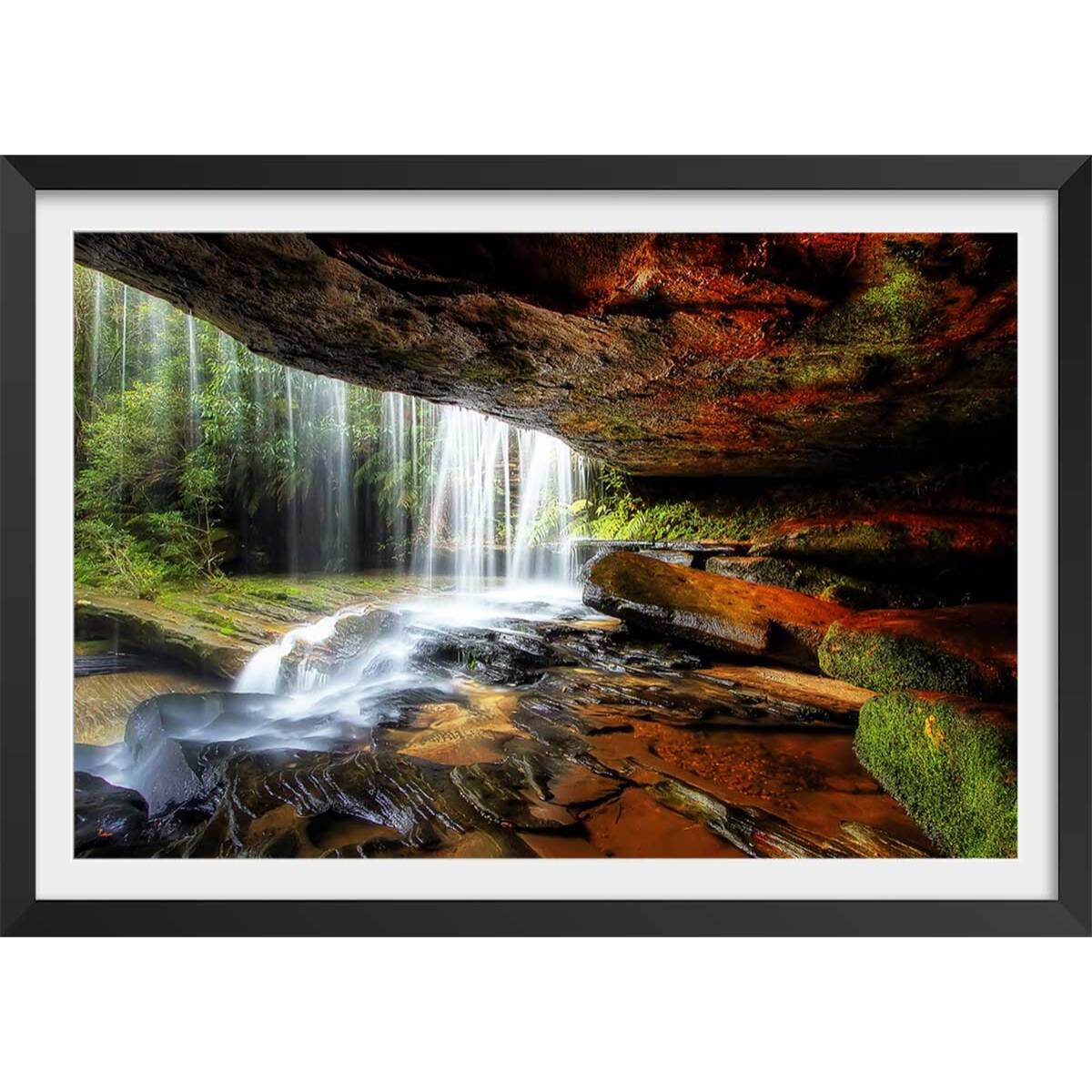 Affiche nature chute d'eau Affiche + cadre en bois - Noir