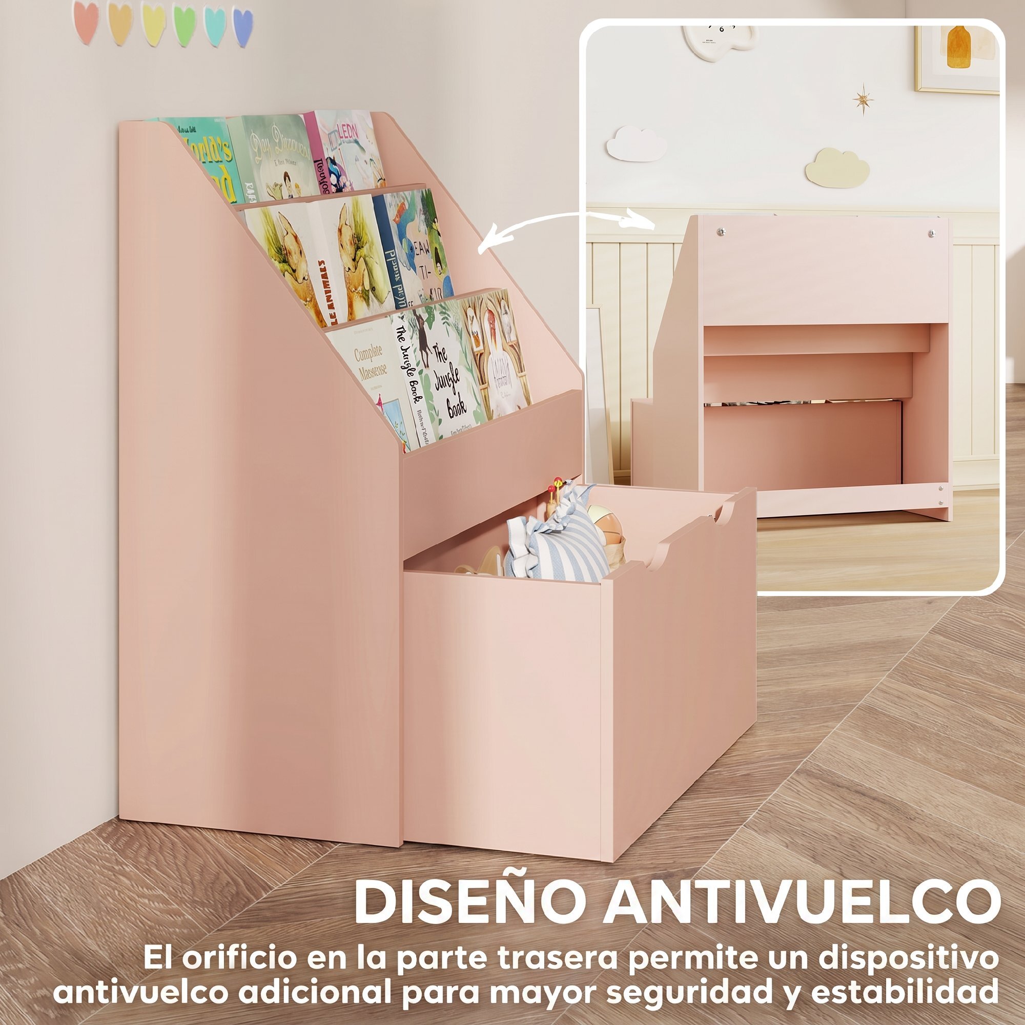 Estantería de Juguetes con 3 Compartimentos, Librería Infantil, Caja de Juguetes Móvil, Cajón con Ruedas, Multifuncioanl, para Dormitorio, Guardería, Sala de Juegos, Rosa