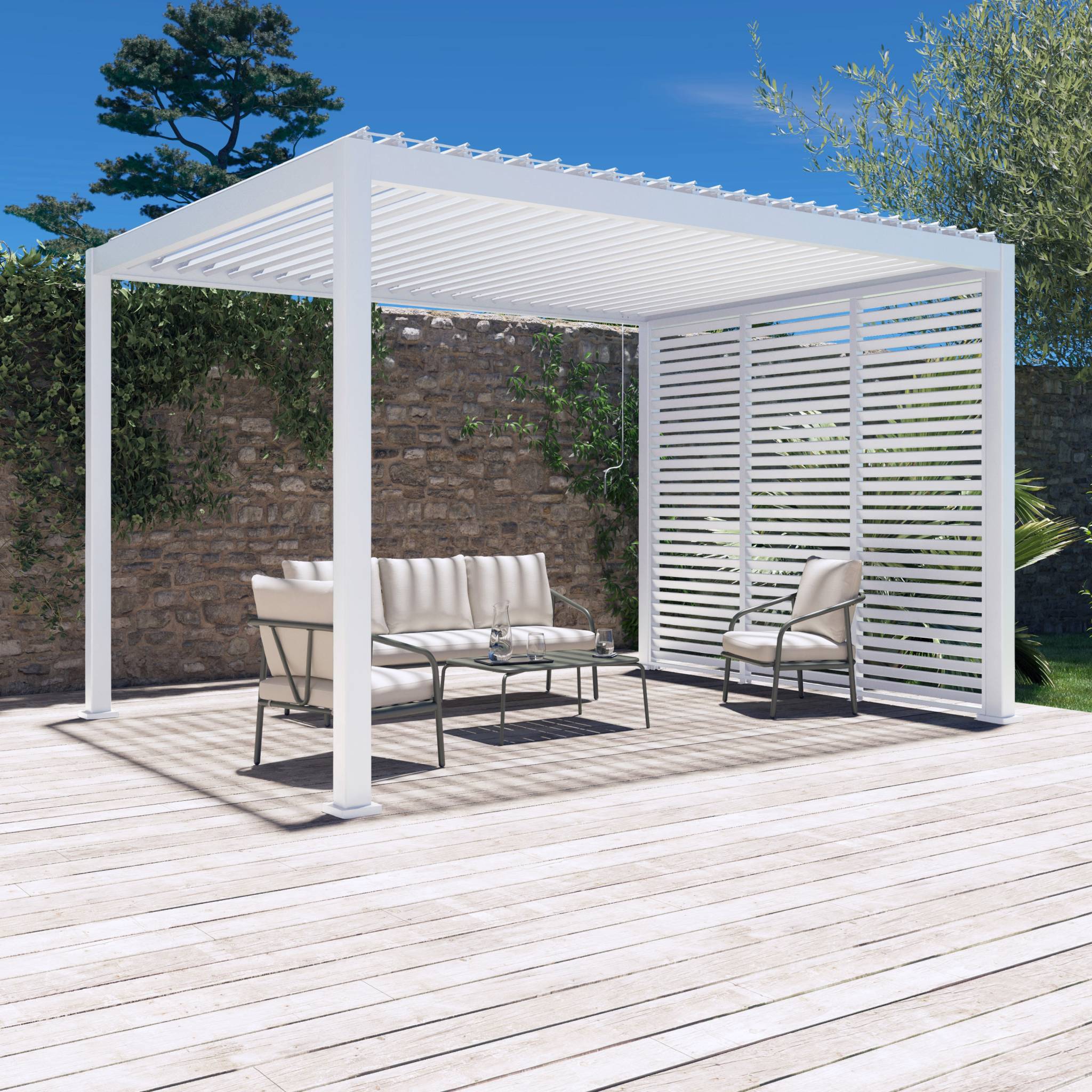 Pergola bioclimatique Triomphe 3x4 + 3 persiennes 100cm pour le côté de 3m. panneau brise vue. L 400 x P 300 x H 250 cm