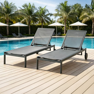 Lot de 2 bains de soleil inclinables gris foncé avec roues en aluminium CARA