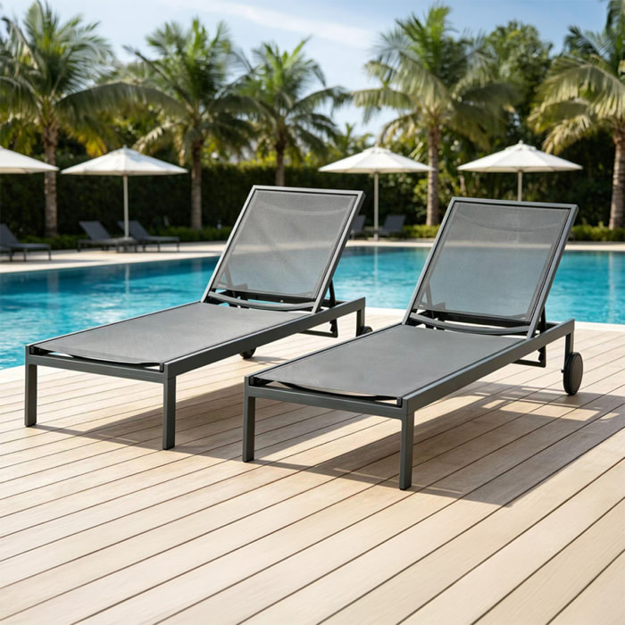 Lot de 2 bains de soleil inclinables gris foncé avec roues en aluminium CARA