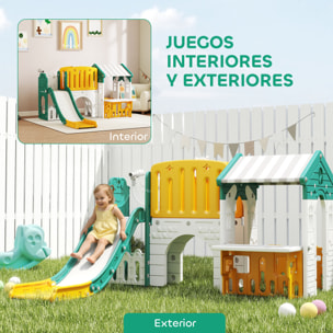 Tobogán Infantil 7 en 1 con Caseta para Niños, Tobogán con Escalera, Aro de Baloncesto, Túnel, Pizarra, Telescopio, para Interior, Amarillo y Verde
