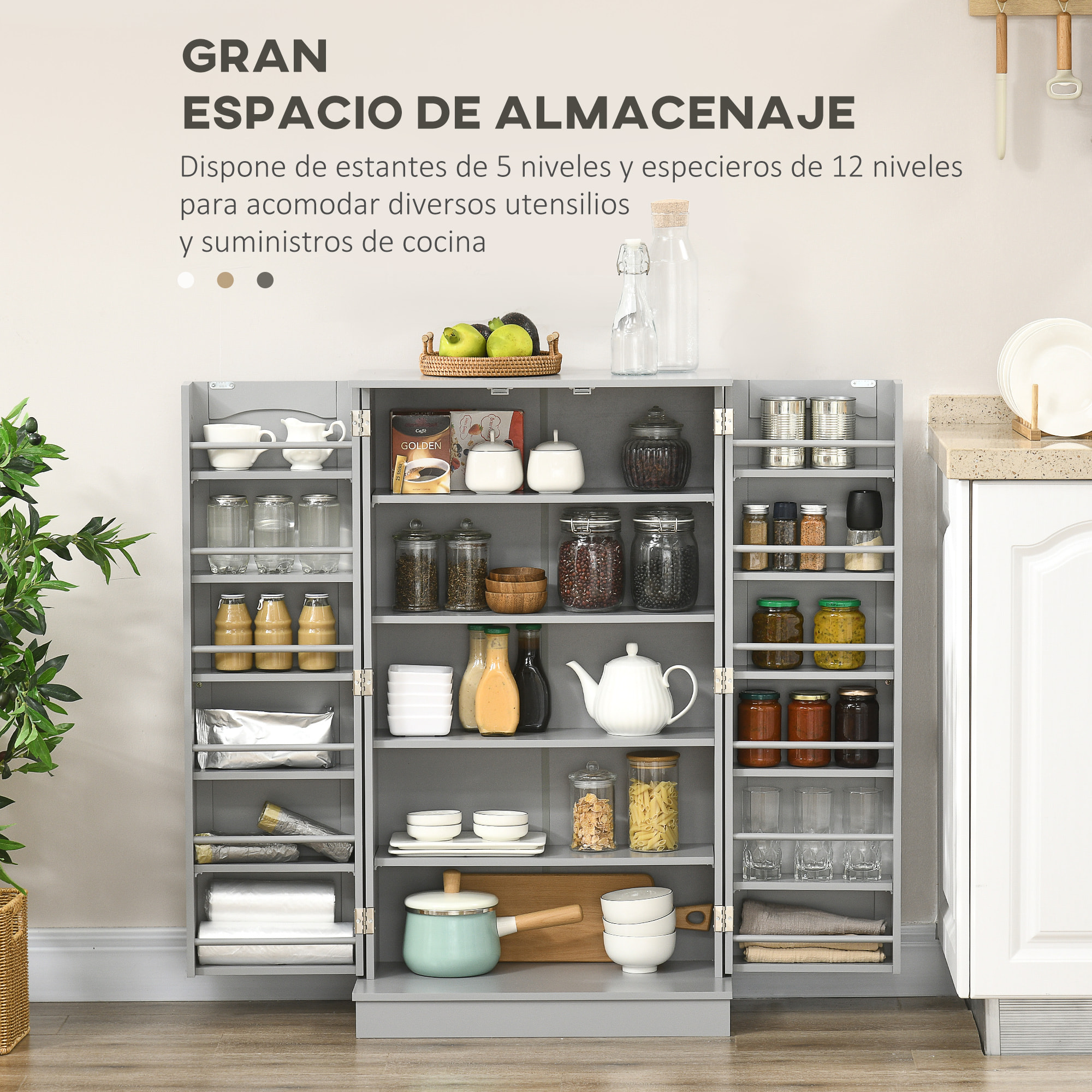 Armario de Cocina Armario Despensa Cocina con 2 Puertas y 16 Estantes Alacena Moderna con Estantes Ajustables para Comedor Salón 60x30x104 cm Gris