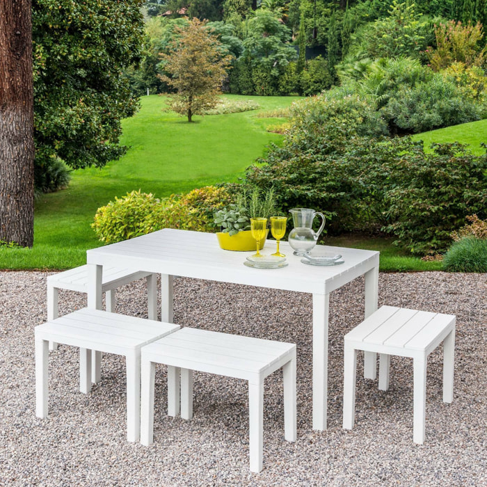 Set salotto da esterno Sanremo, Set da giardino con 1 tavolo rettangolare e 4 panchine, Set indoor e outdoor da Pic Nic, 100% Made in Italy, Bianco