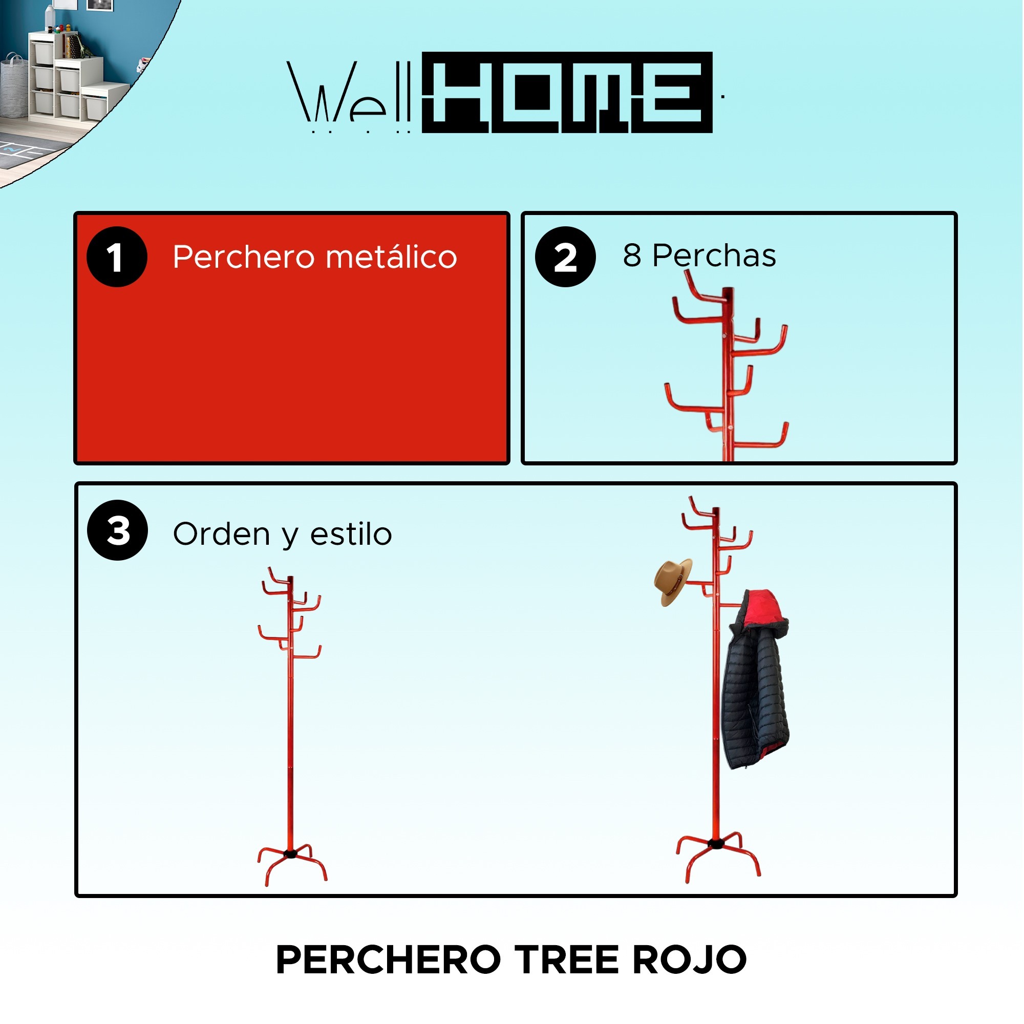 Perchero tree metalico rojo con 8 perchas, 50x50x183 cm