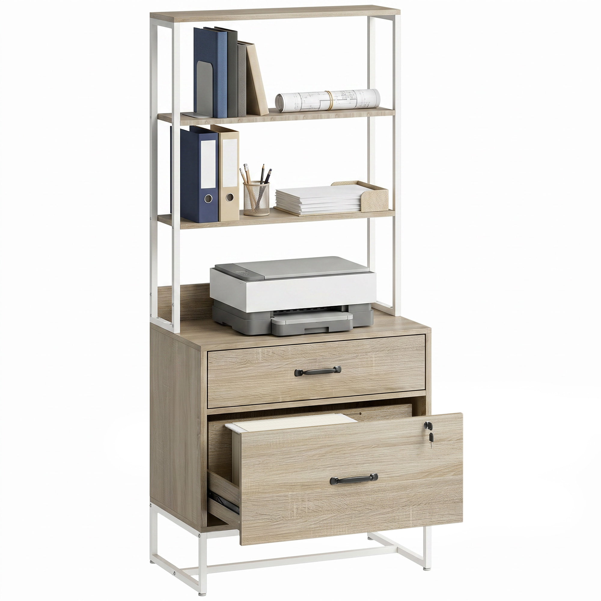 Cajonera Escritorio con Estantería, Mueble Archivador con 2 Cajones, Encimera para Impresora, Cerradura, para A4 Letter Legal, para Oficina, Estudio, Roble