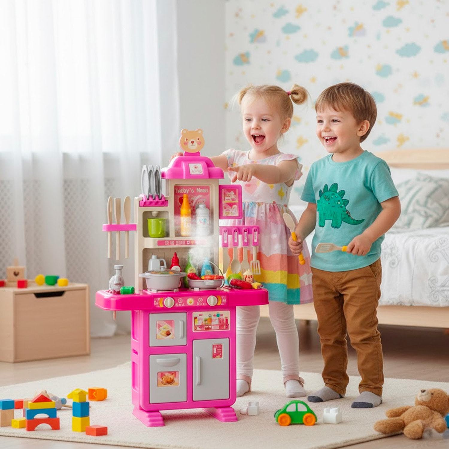 Cucina Giocattolo Per Bambini Con Luci E Suoni Realistici 69 Accessori Rubinetto Con Sistema Di Riciclo Dell'Acqua E Fornelli 3-5 Anni Rosa e Bianco