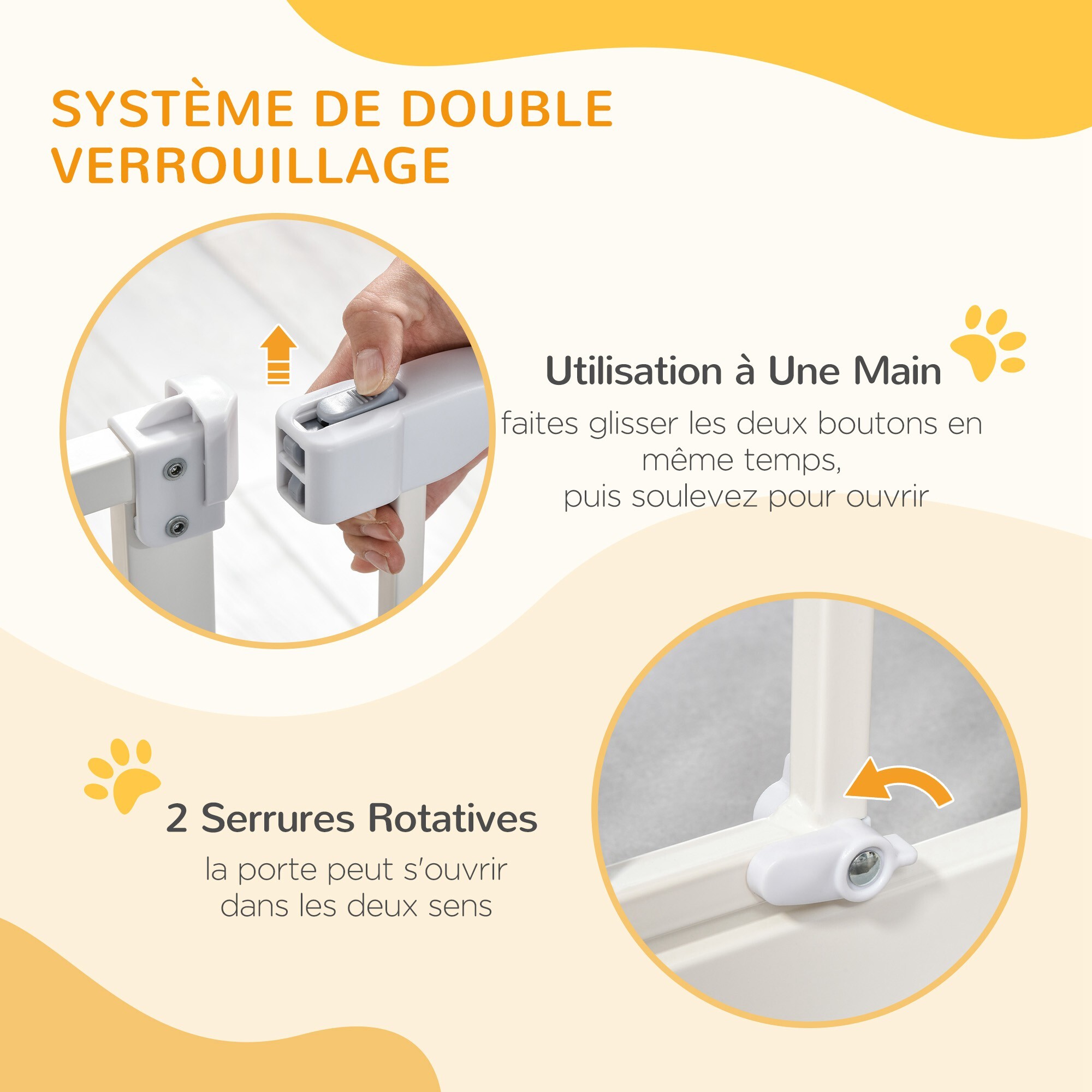 Barrière de sécurité animaux - longueur réglable dim. 74-97,5 cm - porte double verrouillage, ouverture double sens -sans perçage - acier plastique blanc