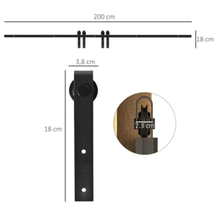 Herrajes Puertas Correderas 200 cm, Kit para Puerta Corredera Doble de Madera Ancho 50 cm, para Mueble de TV, Armario, Acero al Carbono, Negro